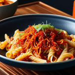 **

Vibrant fusion dish: Italian pasta creatively combined with spicy Korean kimchi. Capture the contrasting textures and colors, emphasizing the blend of Eastern and Western culinary traditions on a single plate. Use a warm, inviting lighting scheme, reminiscent of a cozy German "Küche" (kitchen).

**