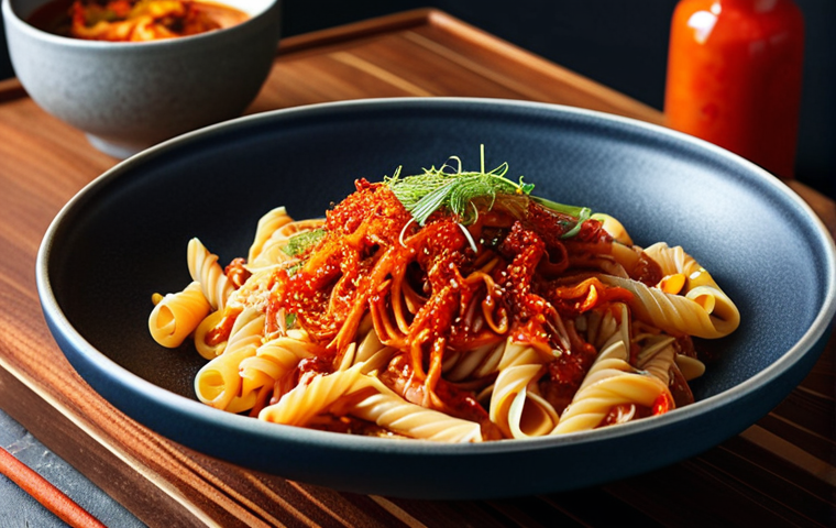 **

Vibrant fusion dish: Italian pasta creatively combined with spicy Korean kimchi. Capture the contrasting textures and colors, emphasizing the blend of Eastern and Western culinary traditions on a single plate. Use a warm, inviting lighting scheme, reminiscent of a cozy German "Küche" (kitchen).

**