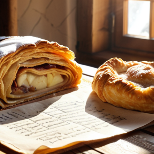 **Prompt:** A rustic kitchen scene in Bavaria. A steaming apple strudel sits on a wooden table, next to a handwritten recipe. Sunlight streams through the window, highlighting the warm, inviting atmosphere. Focus on traditional German elements.