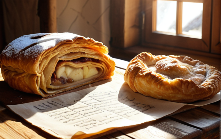 **Prompt:** A rustic kitchen scene in Bavaria. A steaming apple strudel sits on a wooden table, next to a handwritten recipe. Sunlight streams through the window, highlighting the warm, inviting atmosphere. Focus on traditional German elements.