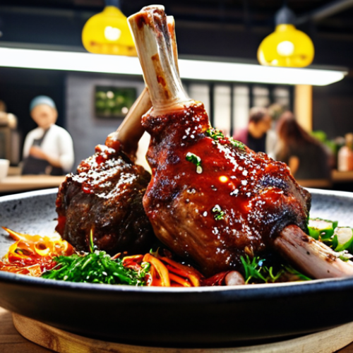 **A vibrant food market stall in Berlin, showcasing a fusion dish: Korean BBQ Lamb Shank with German Herbs.** Capture the bustling atmosphere with a focus on the vibrant colors of the Gochujang glaze, fresh German herbs, and the rich textures of the slow-cooked lamb. Include elements of Korean and German cultural details in the background of the stall.