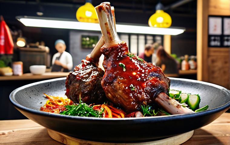 **A vibrant food market stall in Berlin, showcasing a fusion dish: Korean BBQ Lamb Shank with German Herbs.** Capture the bustling atmosphere with a focus on the vibrant colors of the Gochujang glaze, fresh German herbs, and the rich textures of the slow-cooked lamb. Include elements of Korean and German cultural details in the background of the stall.