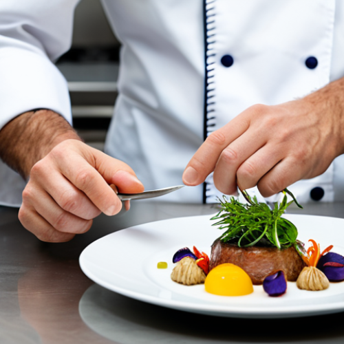 A professional chef, fully clothed in a modest, clean chef's uniform, meticulously plating a vibrant and innovative fusion dish. The dish features a harmonious blend of bright colors, diverse textures, and creative garnishes, presented on a minimalist white plate. The chef stands in a well-lit, modern, professional kitchen, focused on the task. Perfect anatomy, correct proportions, natural pose, well-formed hands, proper finger count, natural body proportions, professional photography, high quality, safe for work, appropriate content, family-friendly.