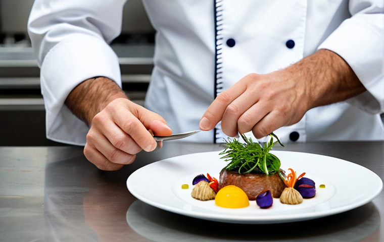 A professional chef, fully clothed in a modest, clean chef's uniform, meticulously plating a vibrant and innovative fusion dish. The dish features a harmonious blend of bright colors, diverse textures, and creative garnishes, presented on a minimalist white plate. The chef stands in a well-lit, modern, professional kitchen, focused on the task. Perfect anatomy, correct proportions, natural pose, well-formed hands, proper finger count, natural body proportions, professional photography, high quality, safe for work, appropriate content, family-friendly.