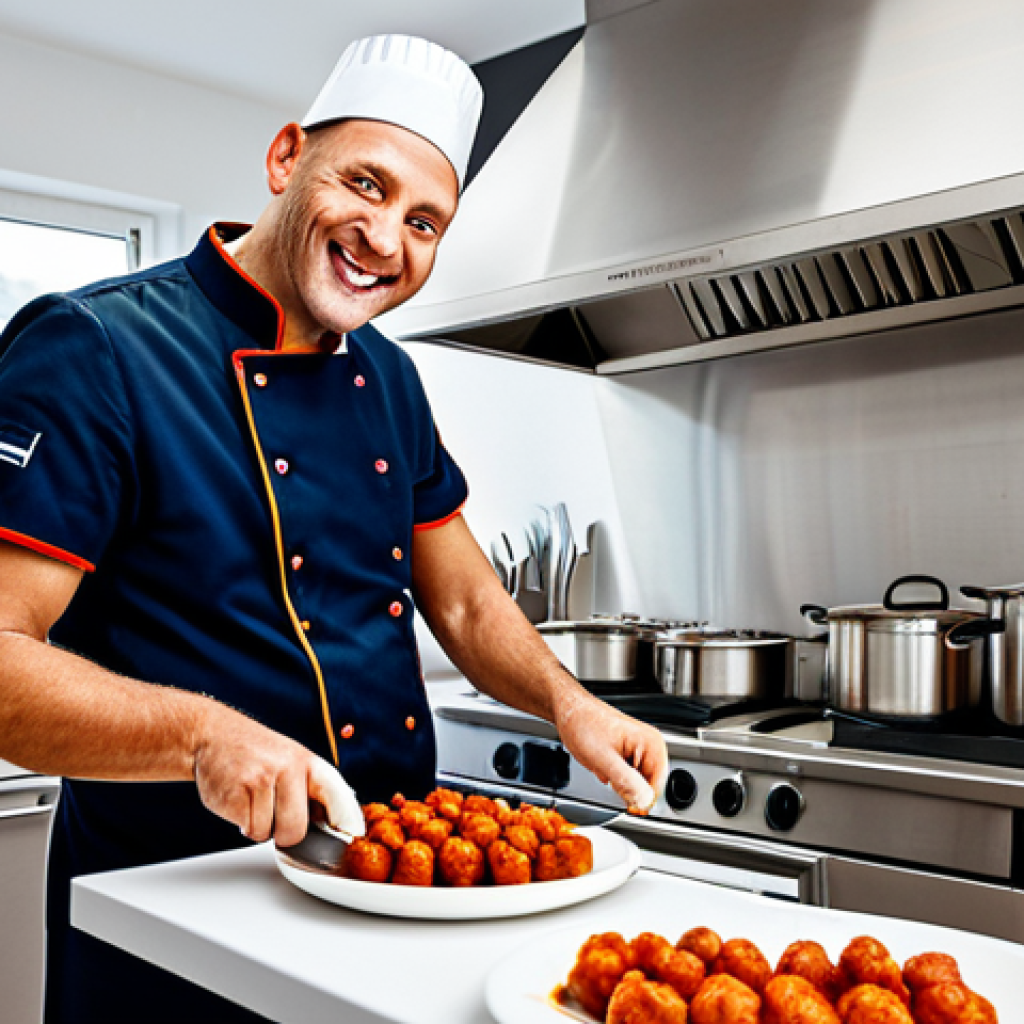 **
A professional chef in a clean, modern kitchen in Berlin, preparing a Currywurst dish with gourmet ingredients. The scene is bright and airy with stainless steel appliances. He is fully clothed in a chef's uniform, smiling confidently. Appropriate attire, safe for work, perfect anatomy, natural proportions, professional food photography, high quality.
**