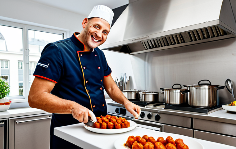 **
A professional chef in a clean, modern kitchen in Berlin, preparing a Currywurst dish with gourmet ingredients. The scene is bright and airy with stainless steel appliances. He is fully clothed in a chef's uniform, smiling confidently. Appropriate attire, safe for work, perfect anatomy, natural proportions, professional food photography, high quality.
**