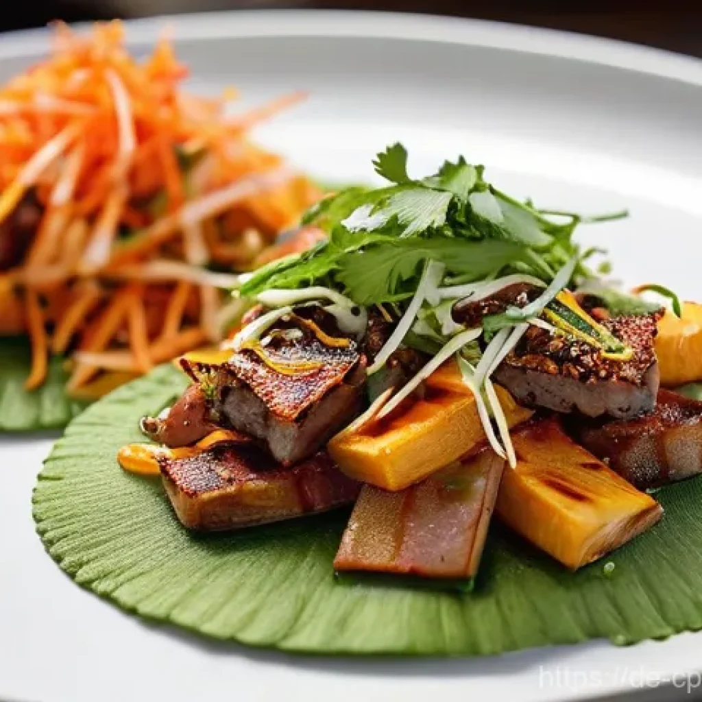 퓨전 요리의 대중화와 그 의의 - **Prompt:** A close-up, high-angle shot of a meticulously arranged fusion dish. Imagine a vibrant pl...
