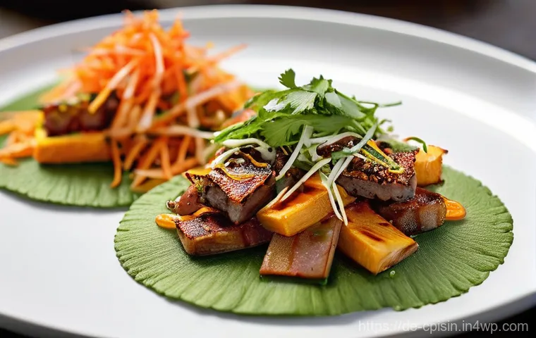 퓨전 요리의 대중화와 그 의의 - **Prompt:** A close-up, high-angle shot of a meticulously arranged fusion dish. Imagine a vibrant pl...