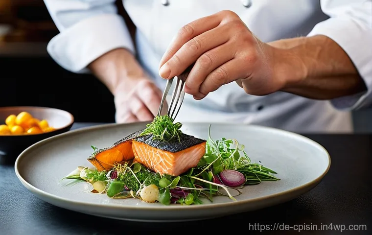 퓨전 요리의 과거와 미래 전망 - **Prompt:** A skilled chef in a brightly lit, contemporary kitchen, meticulously assembling a gourme...