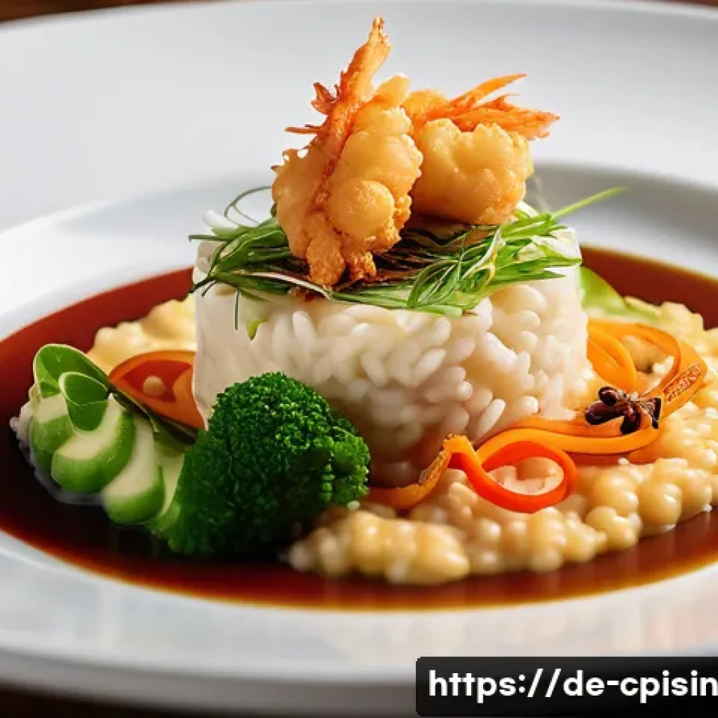 퓨전 요리의 도전과제 및 극복 방안 - A sophisticated fusion cuisine dish plated on a modern white ceramic plate, featuring a creamy Itali...
