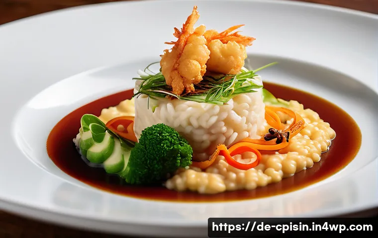 퓨전 요리의 도전과제 및 극복 방안 - A sophisticated fusion cuisine dish plated on a modern white ceramic plate, featuring a creamy Itali...