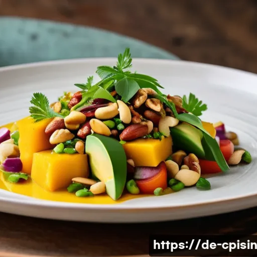 퓨전 요리의 고객 맞춤형 메뉴 제공하기 - A vibrant fusion cuisine dish artfully plated on a rustic ceramic plate, featuring a colorful mango-...