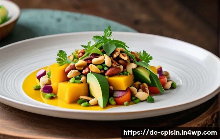퓨전 요리의 고객 맞춤형 메뉴 제공하기 - A vibrant fusion cuisine dish artfully plated on a rustic ceramic plate, featuring a colorful mango-...