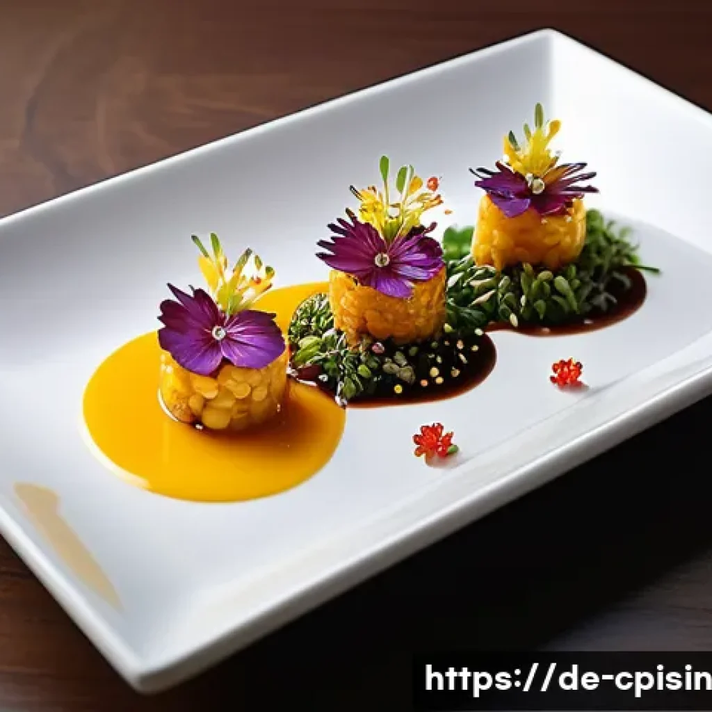 퓨전 요리의 차별화된 경쟁 전략 - A modern fusion cuisine dish artfully plated on a minimalist white ceramic plate, featuring a creati...