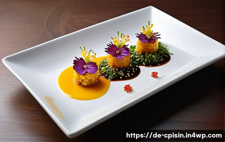 퓨전 요리의 차별화된 경쟁 전략 - A modern fusion cuisine dish artfully plated on a minimalist white ceramic plate, featuring a creati...