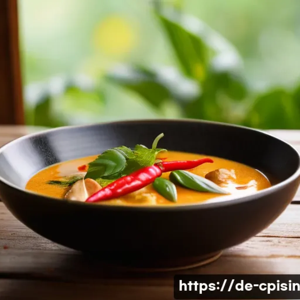 퓨전 요리로서의 식음료 페어링 전략 - A vibrant close-up scene of a steaming bowl of Thai red curry with coconut milk, richly colored with...