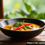 Home 22 퓨전 요리로서의 식음료 페어링 전략 - A vibrant close-up scene of a steaming bowl of Thai red curry with coconut milk, richly colored with...