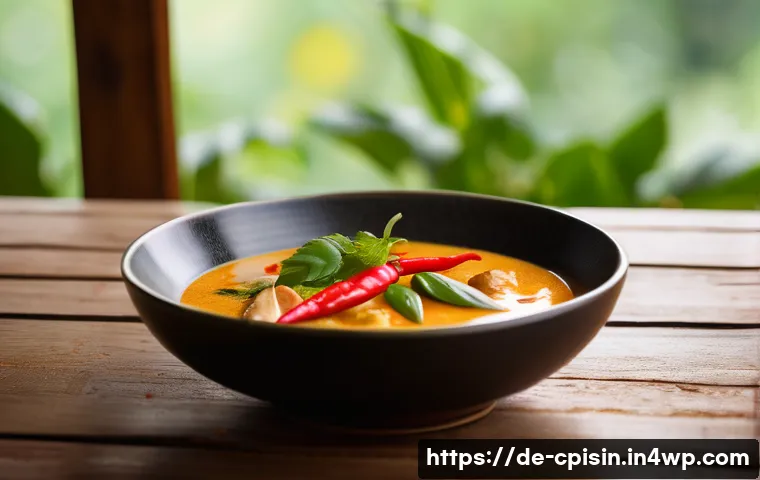 퓨전 요리로서의 식음료 페어링 전략 - A vibrant close-up scene of a steaming bowl of Thai red curry with coconut milk, richly colored with...