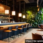 Home 21 퓨전 요리의 혁신적인 레스토랑 디자인 - A modern fusion restaurant interior showcasing dynamic LED lighting that changes with the time of da...