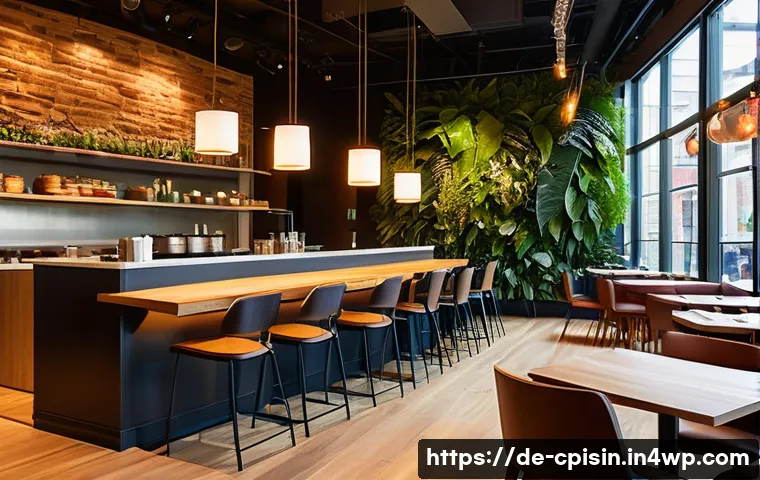 퓨전 요리의 혁신적인 레스토랑 디자인 - A modern fusion restaurant interior showcasing dynamic LED lighting that changes with the time of da...