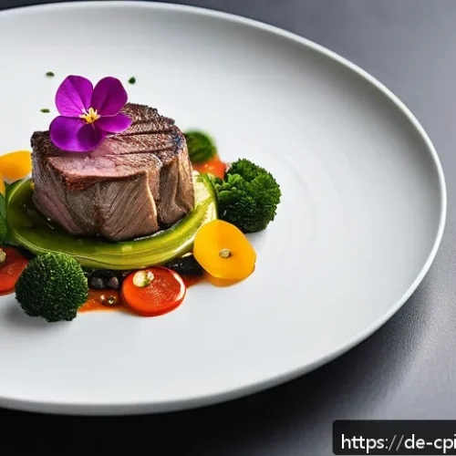Home 32 퓨전 요리의 국제 요리 대회 참여 전략 - A modern fusion cuisine dish artfully plated on a sleek white ceramic plate, featuring sous-vide coo...