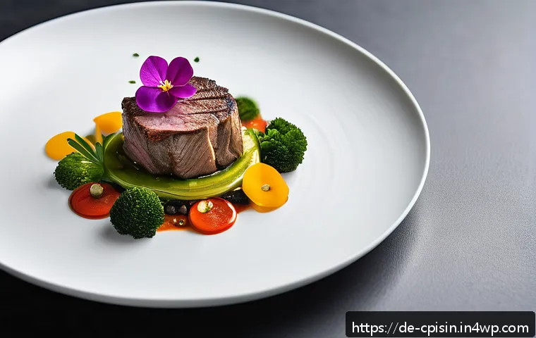 퓨전 요리의 국제 요리 대회 참여 전략 - A modern fusion cuisine dish artfully plated on a sleek white ceramic plate, featuring sous-vide coo...