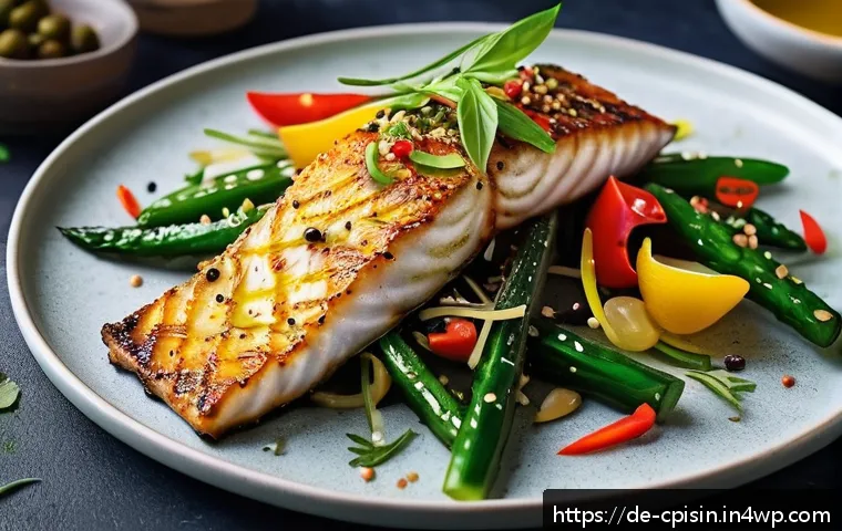 퓨전 요리의 기초 기술 습득하기 - A vibrant fusion dish plate combining Asian and Mediterranean cuisine: crispy cucumber and sesame sa...