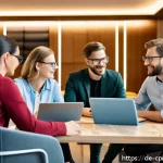 Home 18 퓨전 요리에서의 이해관계자 관리 - A diverse group of professionals in a modern conference room engaged in an open dialogue session, fe...