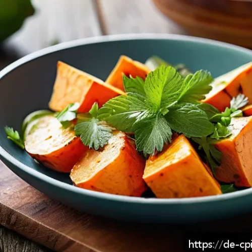 Home 17 퓨전 요리의 아이디어 브레인스토밍 방법 - A vibrant fusion dish featuring roasted sweet potatoes glazed with creamy coconut milk and fresh lim...