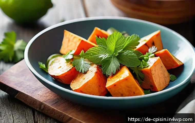 퓨전 요리의 아이디어 브레인스토밍 방법 - A vibrant fusion dish featuring roasted sweet potatoes glazed with creamy coconut milk and fresh lim...