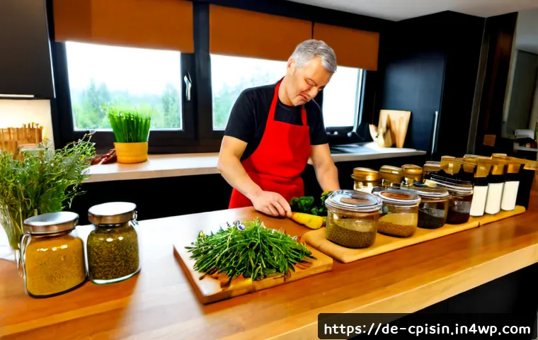 Home 17 퓨전 요리의 식자재 관리 방법 - Photorealistic modern German home kitchen, organized fusion-cooking ingredient station with clearly ...