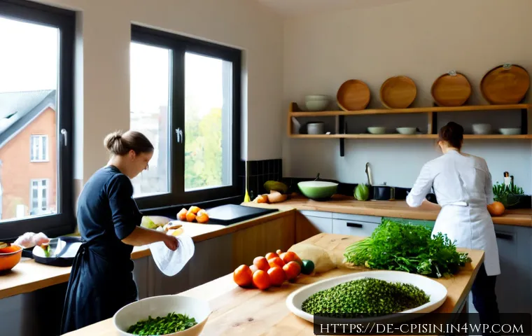 퓨전 요리의 지속 가능성을 위한 노력 - Photorealistic sustainable fusion cooking scene in a bright modern Berlin community kitchen, a Germa...